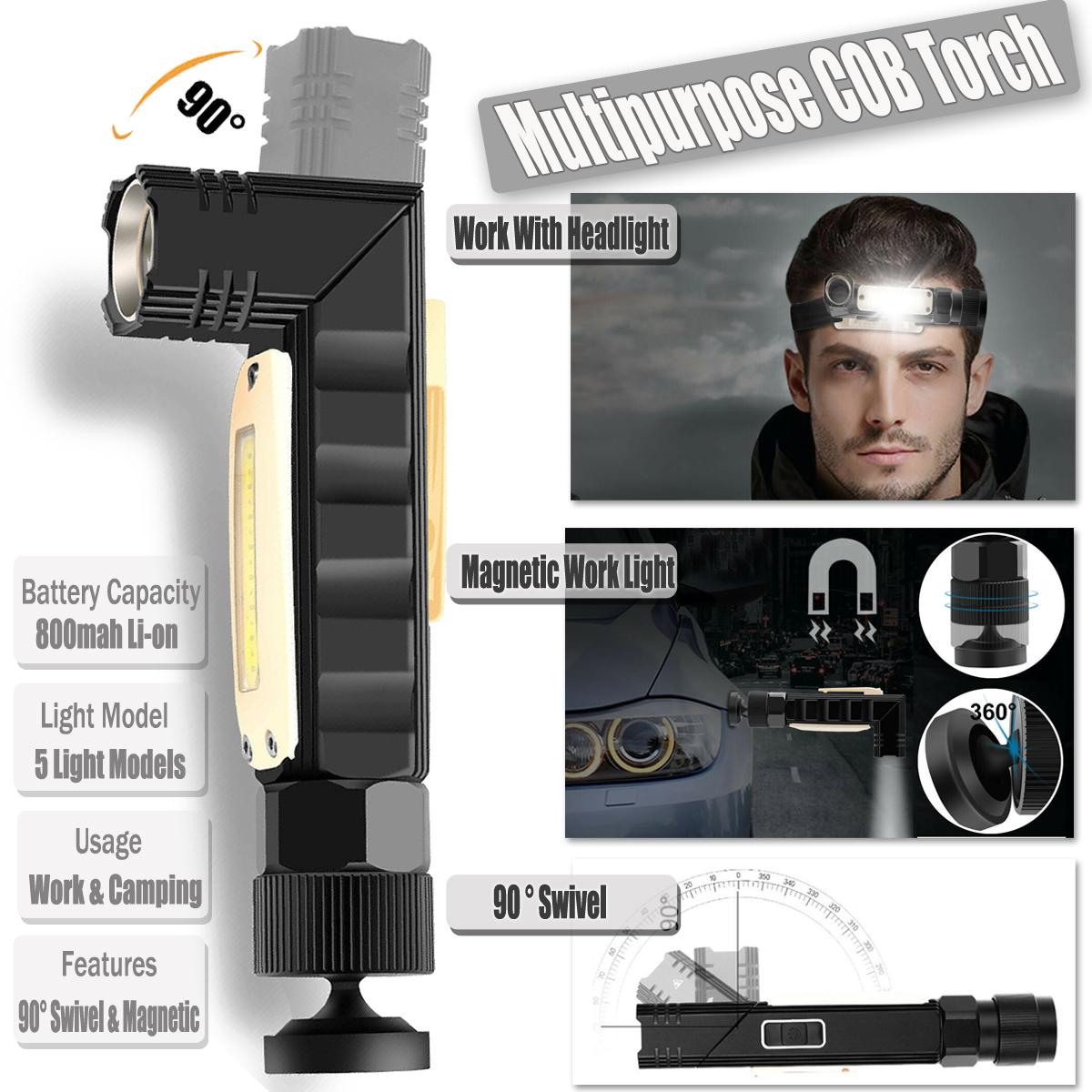 Universal Serial Bus Rechargeable Work Light Flashlight LED COB Torch Headlight Camping -