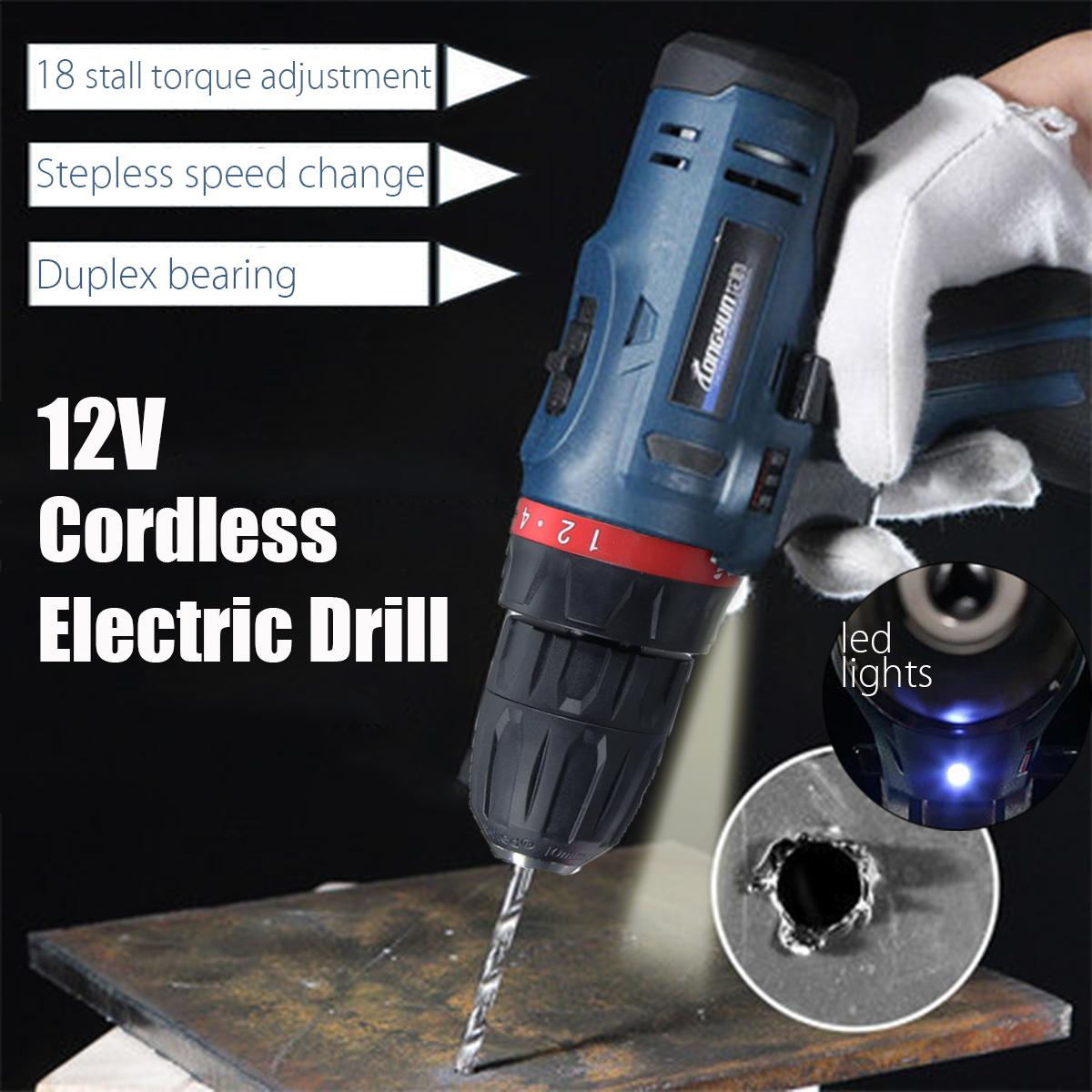 12V Li-Ion New Cordless Electric Hammer Drill Driver Hand Kit LED Drilling Tool -