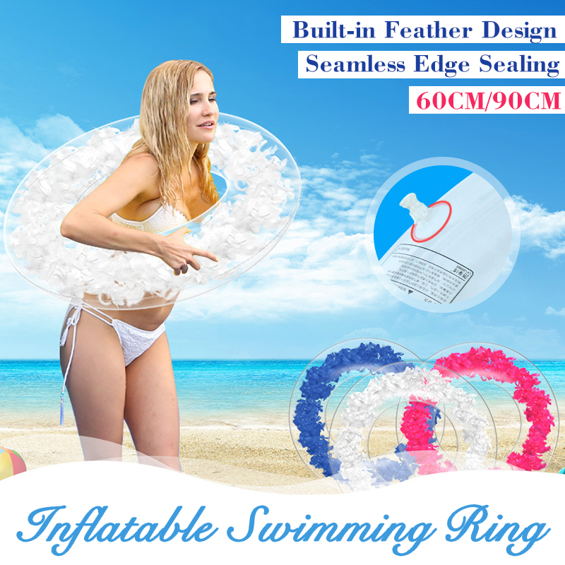 60/90CM Inflatable Swimming Ring with Built-in Feathers Beach Summer Pool Float Rafts Party Toys Water Play - Blue 60cm