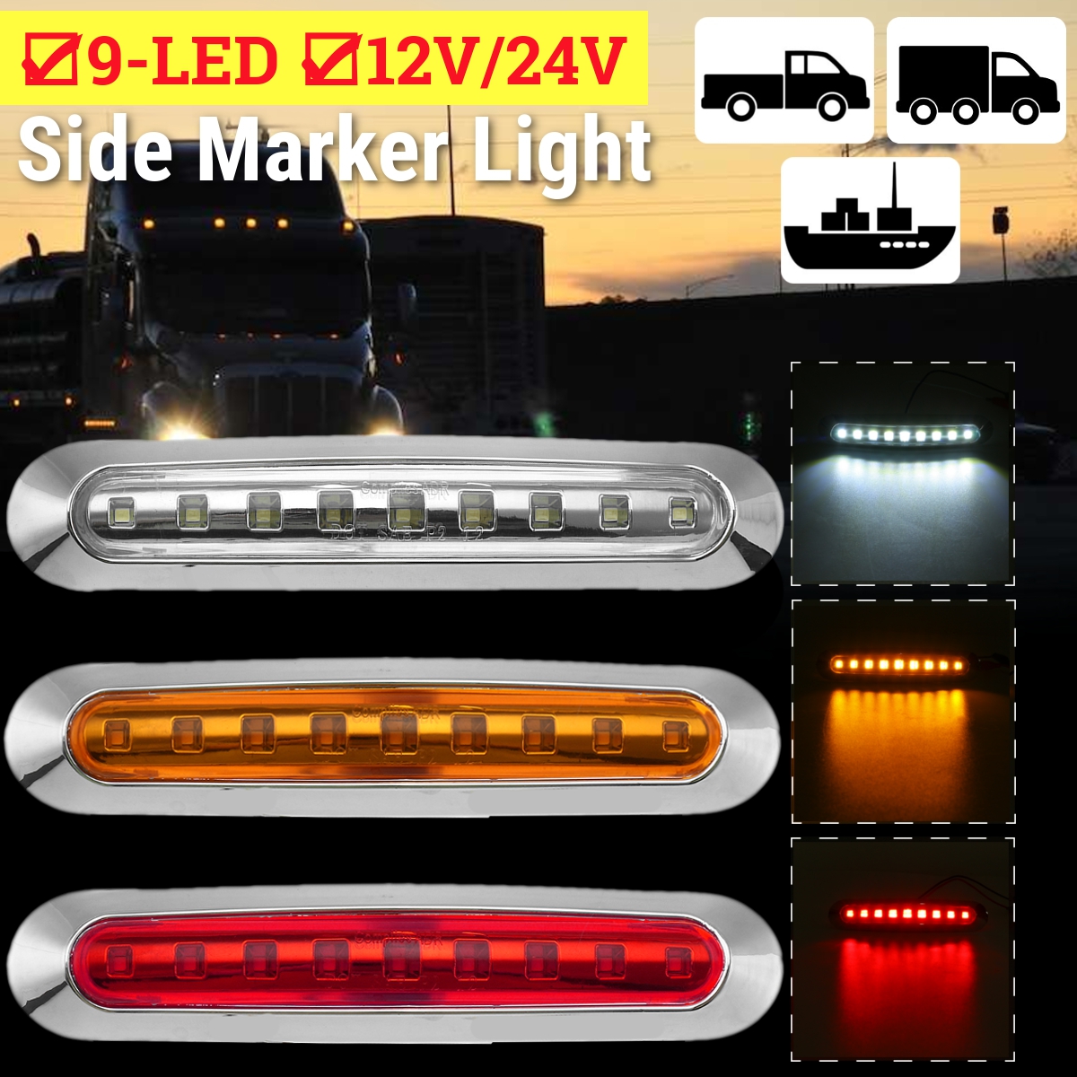9-LED Strobe Light Emergency Flashing Warning Side Marker Lamp 12V/24V 3 Colors - Red