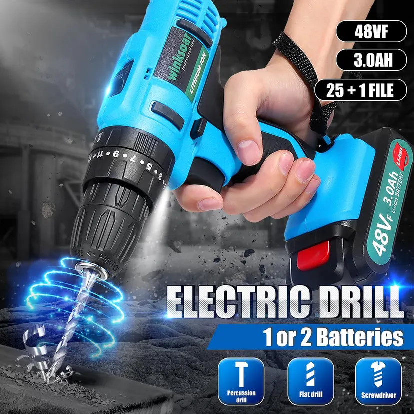 48VF Power 25+1 Speed Cordless Electric Drill LED illuminate High Torque
