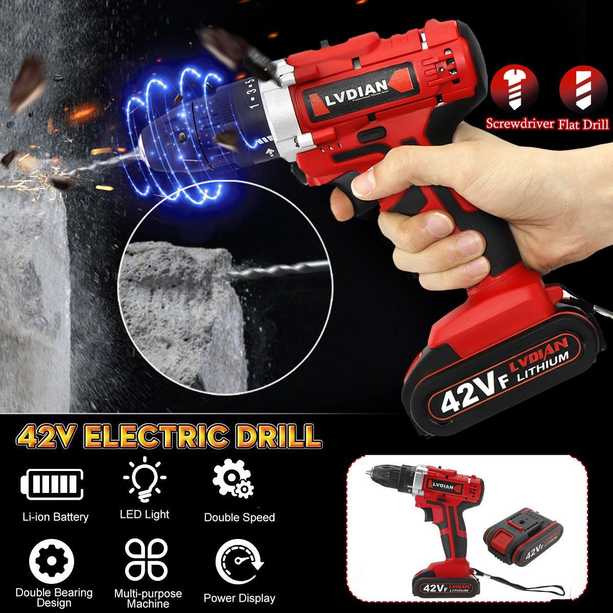 42V Electric New Cordless Drill Screwdriver 25+1 Torque LED Work Light w/ 2 Battery - Monophonic