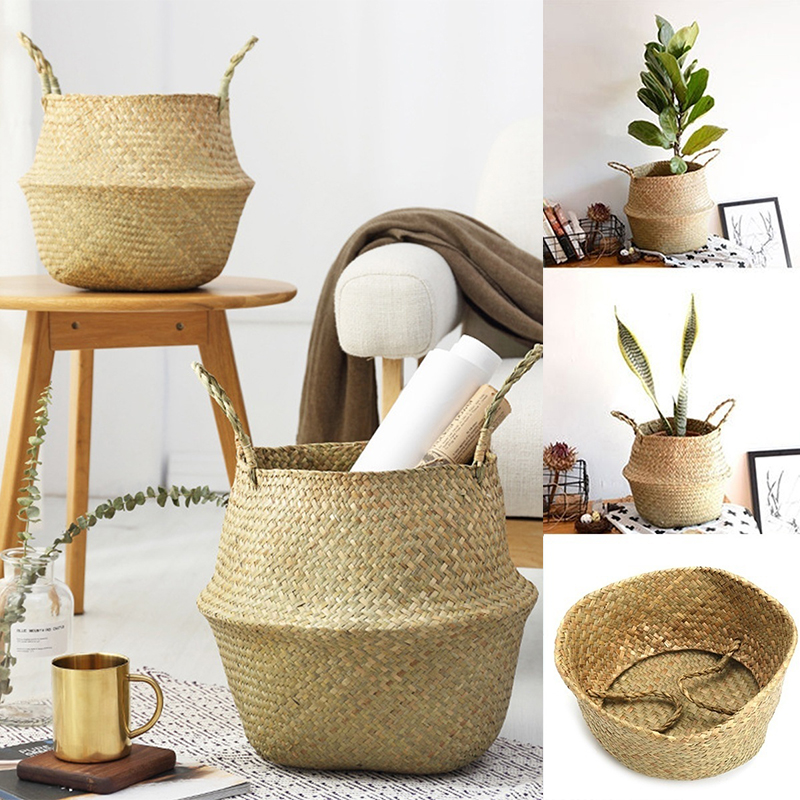 1PC Rattan Hand-woven Seagrass Woven Storage Wicker Basket Flower Plants Straw Pots Bag Home Decor -- 22cm / 27cm - M-27cm