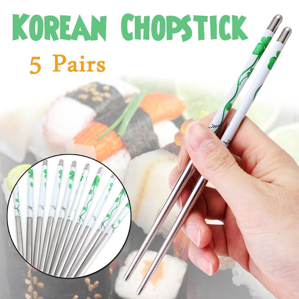 5 Pairs Set Chinese Korean Non-slip Eco-Friendly Stainless Steel Chopsticks Silver Anti- skip 185mm Gift -