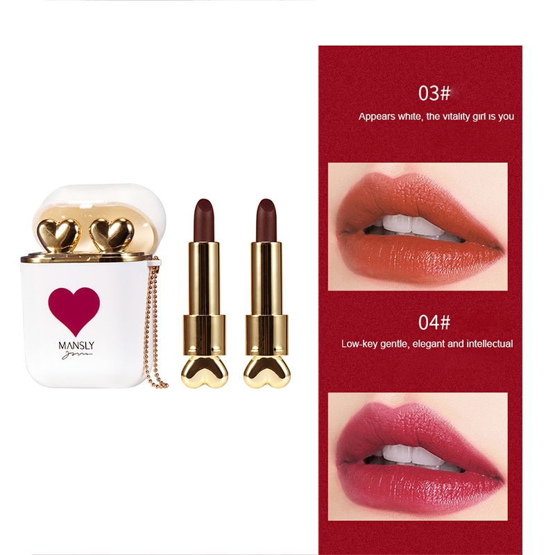 New Health Diary 2 Pcs/set Heart-beating lip tint water proof original set Lipstick Matte Color Smooth Earphone Box Design Natural lipstick long lasting water proof 24 hours Beauty Makeup
