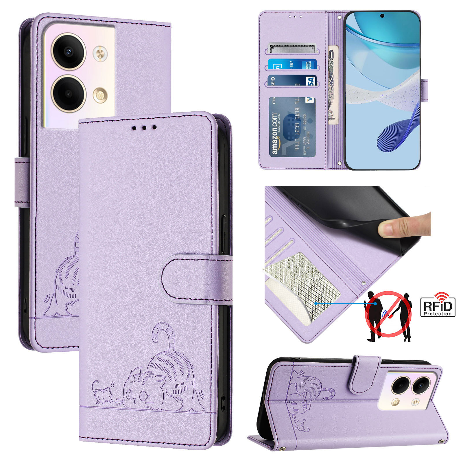 NEW lthmy for Oppo F17 Pro Cover Emboss Cat PU Leather Wallet Stand Case with Wrist Strap