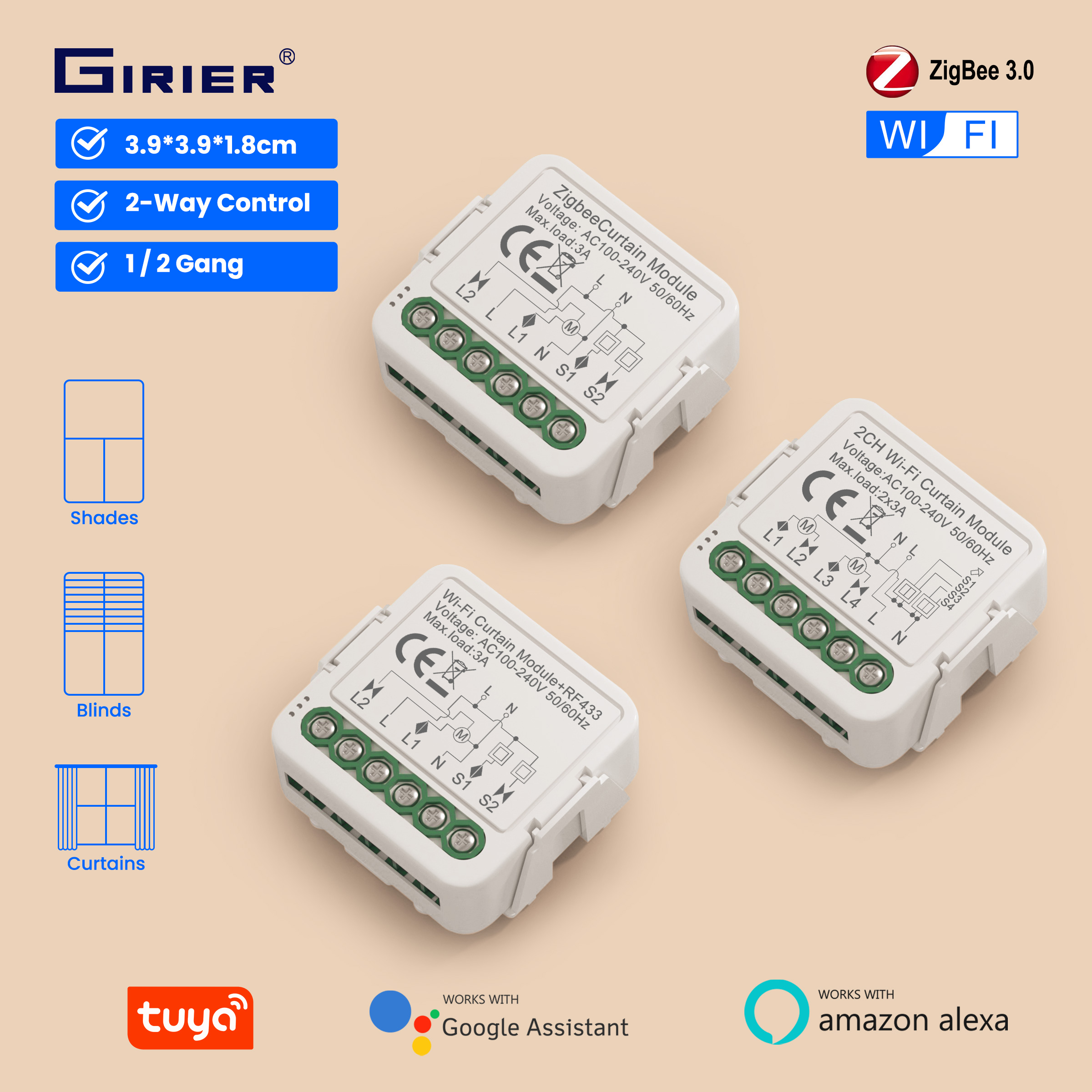 GIRIER Tuya Smart ZigBee/Wi-Fi RF433 Curtain Switch Module for Electric Roller Shutter Blind Motor 1/2CH Works Alexa Hey