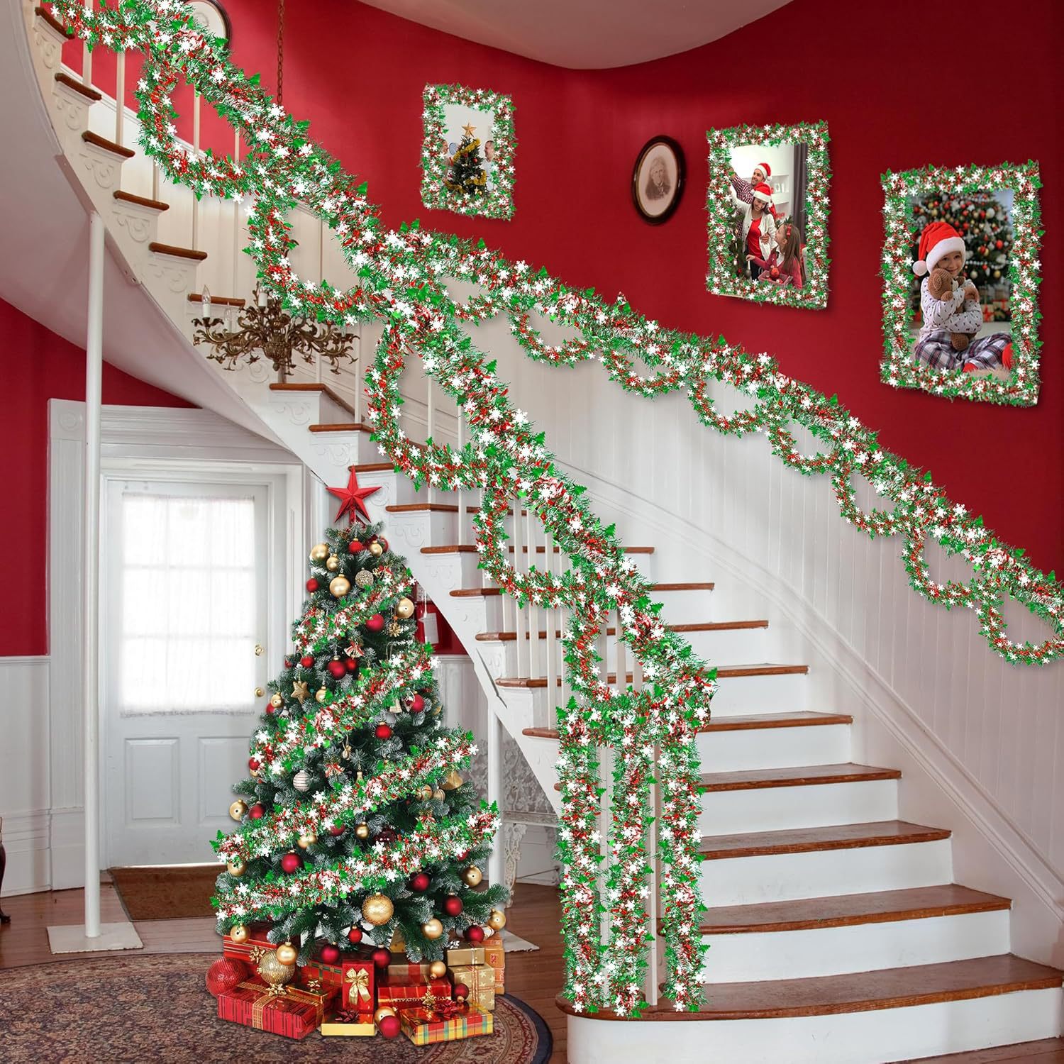 Shiny Easy-Hang Christmas Tinsel Garland Metallic Adjustable Reusable Light-Up Accent Door Lintel Stair Rail Gift Box Xmas Decor