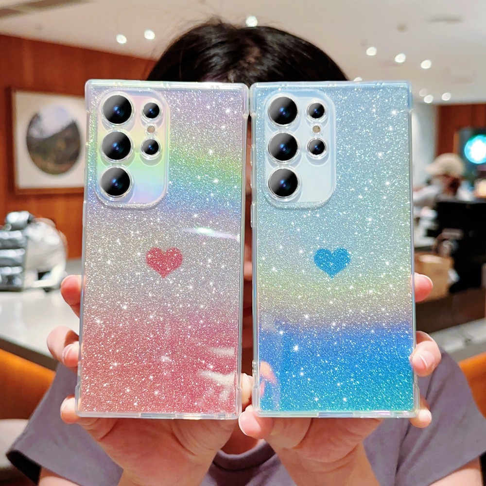 S26 Ultra Laser Gradient Love Heart Clear Case For S25 S24 Ultra S23 FE S22 Plus S26+ A55 A35 S25FE Cute Cover