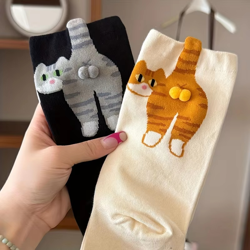 Cute Cat Socks Black/White Funny Cat Cotton Socks Breathable Soft Girl Women Novelty Stocking Kawaii Sock Set