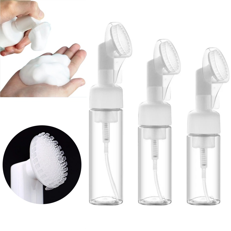 100ml Soap Foaming Bottle Plastic Facial Cleanser Mousse Pump Dispenser with Silicone Brush Head Refillable Bottle for Shampoo