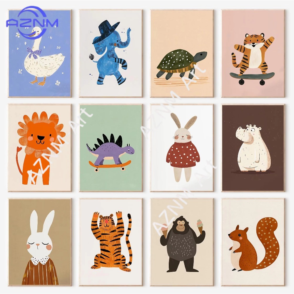 1PC ，Cute Cartoon Animal Brown Bear Rabbit Colorful Illustrations Poster Canvas Paintings Wall Art Pictures Kindergarten Home