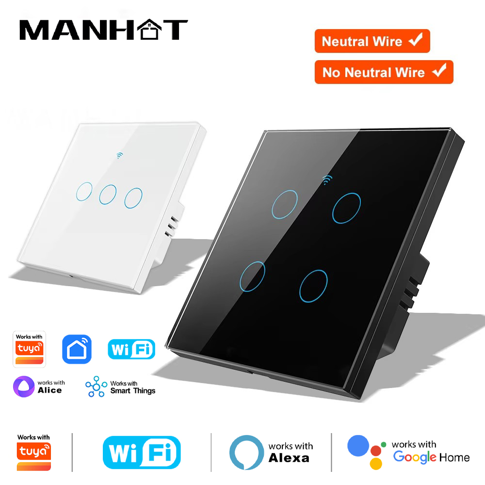 For Tuya Smart Wifi Light Switch No Neutral Wire Touch Panel EU 1/2/3 Gang Wall Switch Control Voice Control Alexa