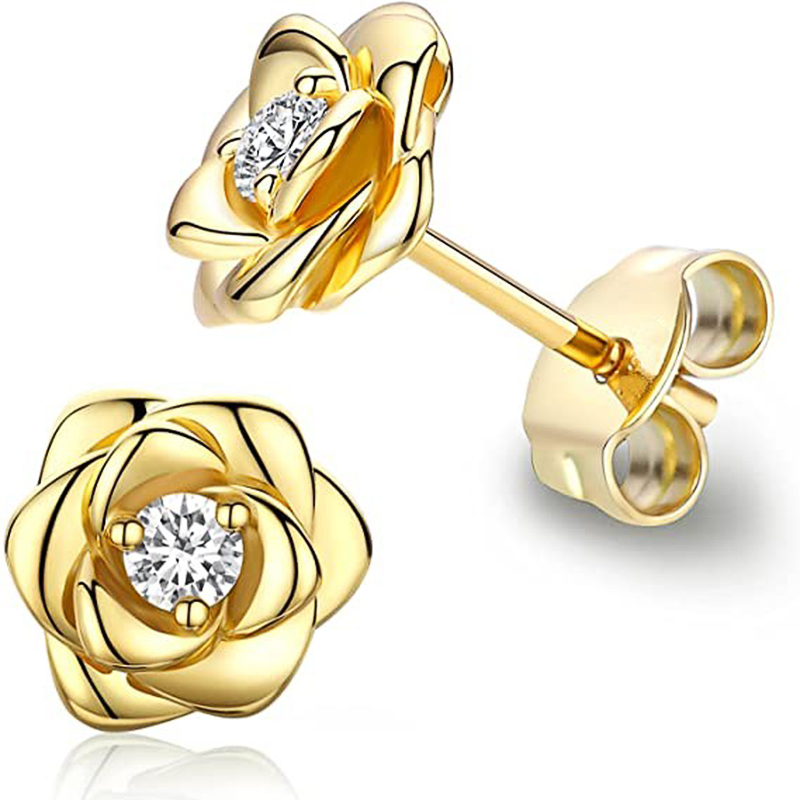 Huitan Exquisite Rose Stud Earrings for Women Luxury Sparkling Cubic Zirconia Temperament Sweet Flower Earrings Fashion Jewelry