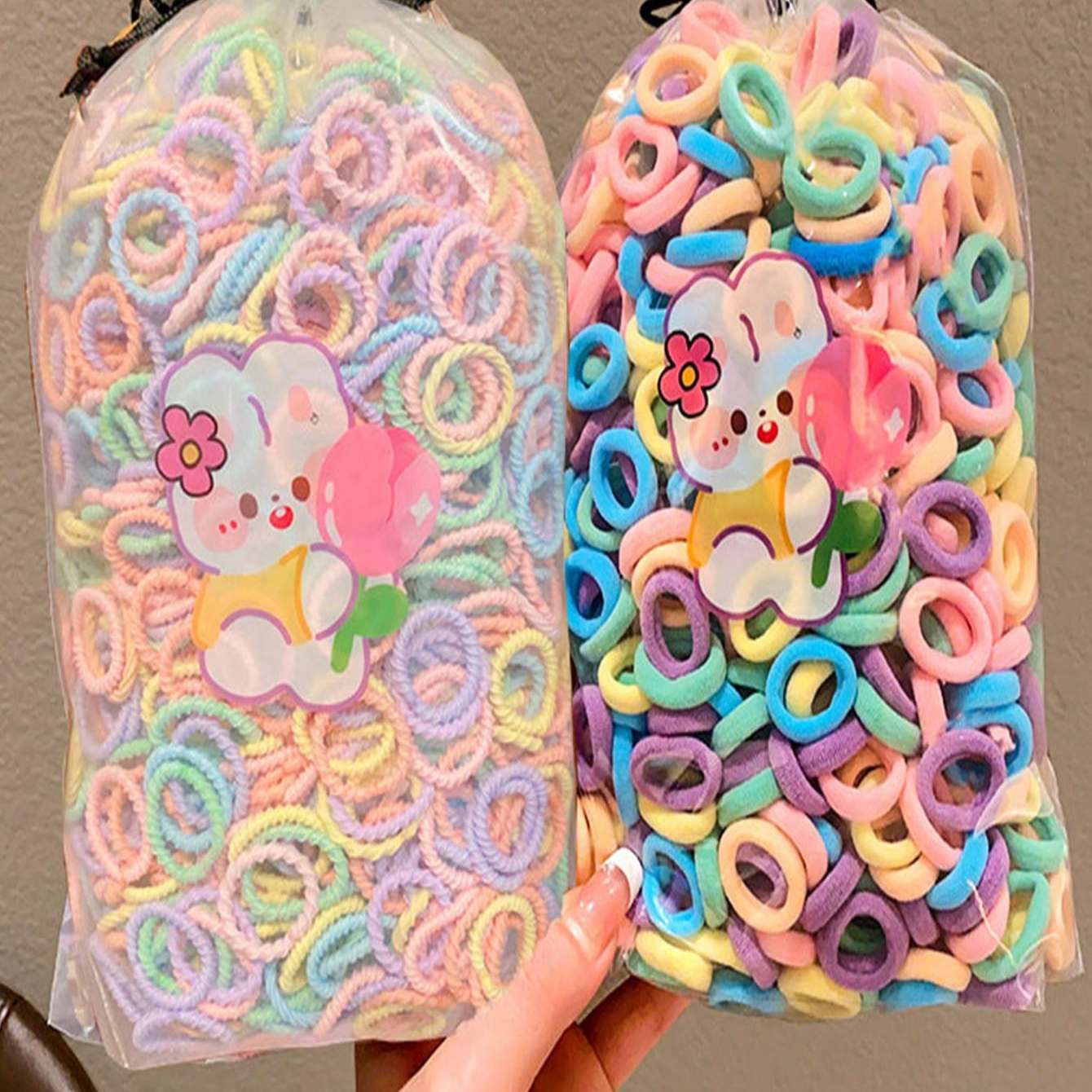 200 Pcs/Bag Cute Cartoon Elastic Hair Bands Lovely 2 Styles Srunchies Bands Hair Accessories Set Bag Random Packing