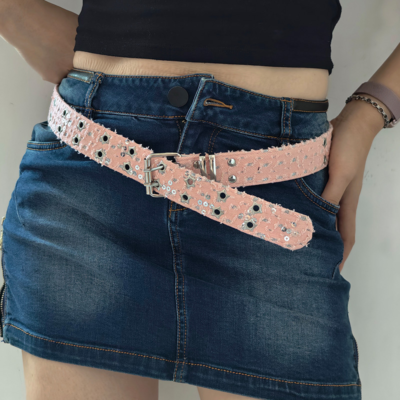 Punk Star Eyelet Denim Fabric Belts For Women High-end Luxury Brand Unisex Jeans Retro Gothic Belt Blue Waistband Y2K Pink Belt