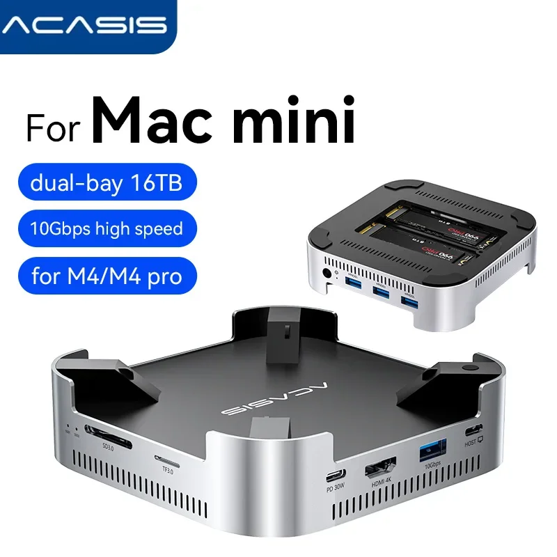 Acasis 10-in-1 USB-C Docking Station, 10Gbps Dual M.2 NVMe SSD HDMI 4K60Hz USB-A 3.1 PD 30W Enclosure for Mac Mini M4/M4 Pro