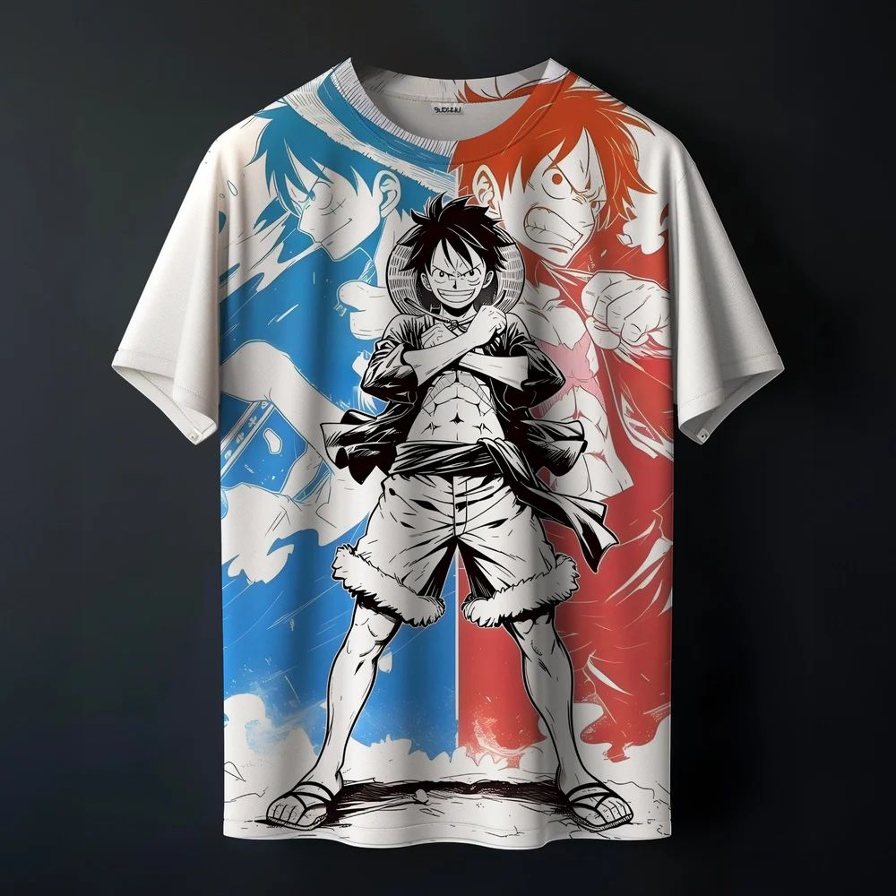 2026 Fashion One Piece Monkey D. Luffy T-shirt Men's Adults Red Blue Split Anime Manga Print Quick Drying Casual Fan T-shirt