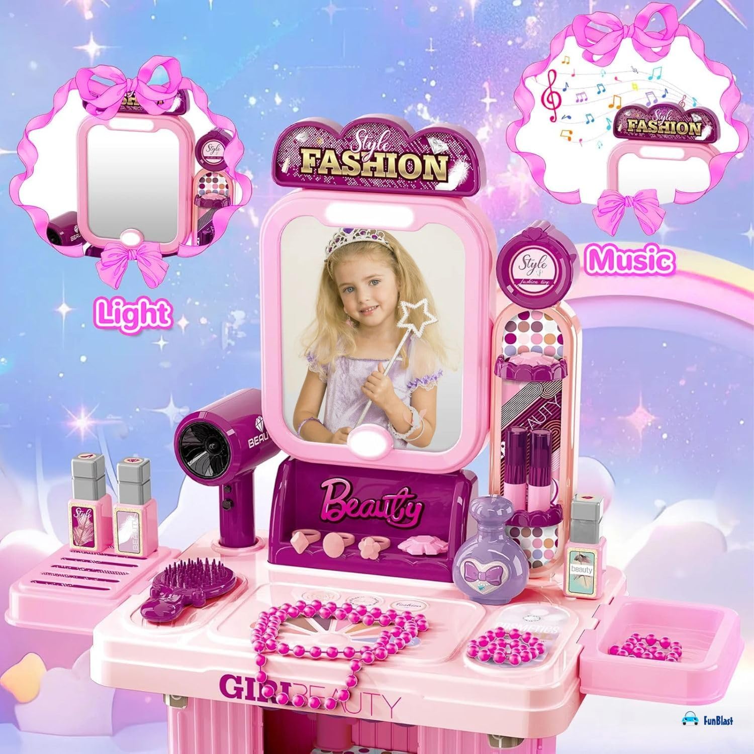 ​FunBlast 3-in-1 Kids Makeup Vanity Set - Portable Princess Beauty Play Set Suitcase with Lights & Music, Fashion Accessories & Makeup Toys for Girls - Pink