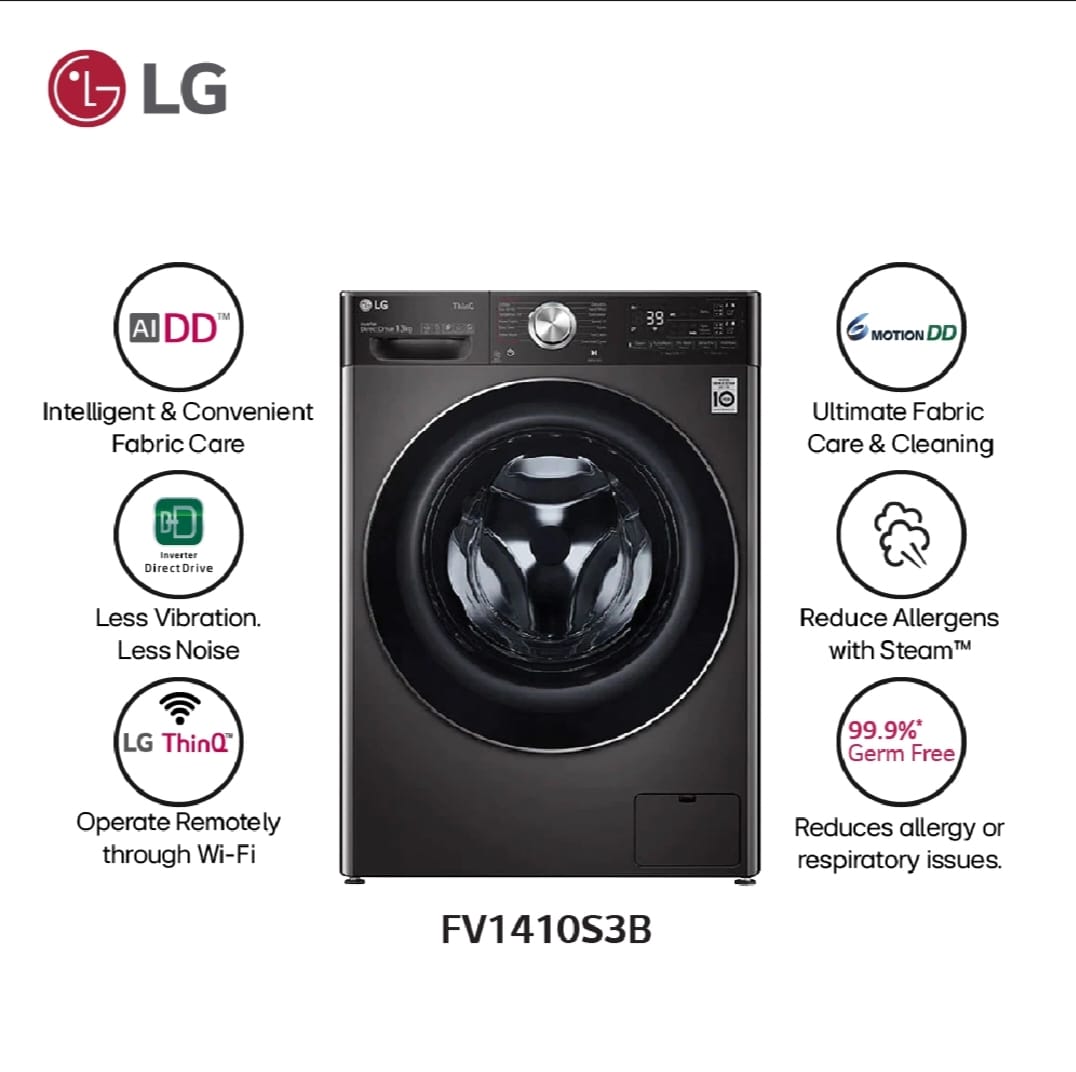 LG Brand 10 Kg Front Load Washing Machine | Model : FV1410S3B.APBP | 1 Year Comprehensive Warranty, Including 10 Years on Motor
