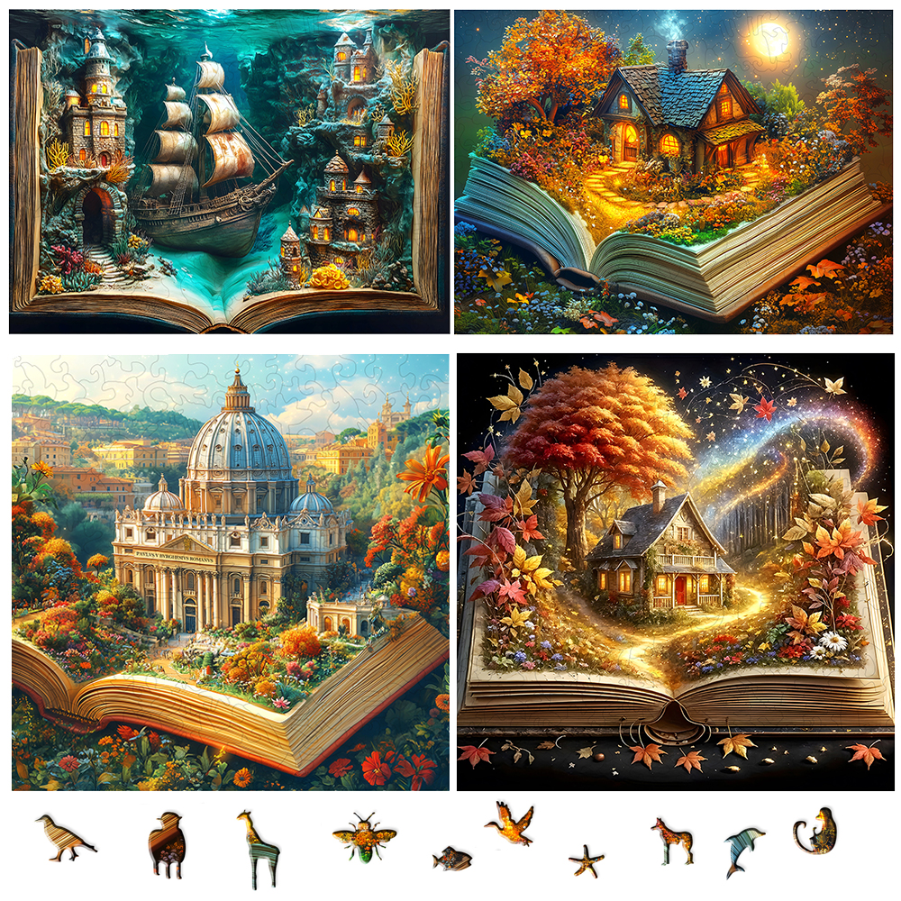 3D Stereo Book Scene Wooden Puzzle - Montessori Toy with Exquisite Patterns, Animal-Themed, Birthday for Adults & Kids