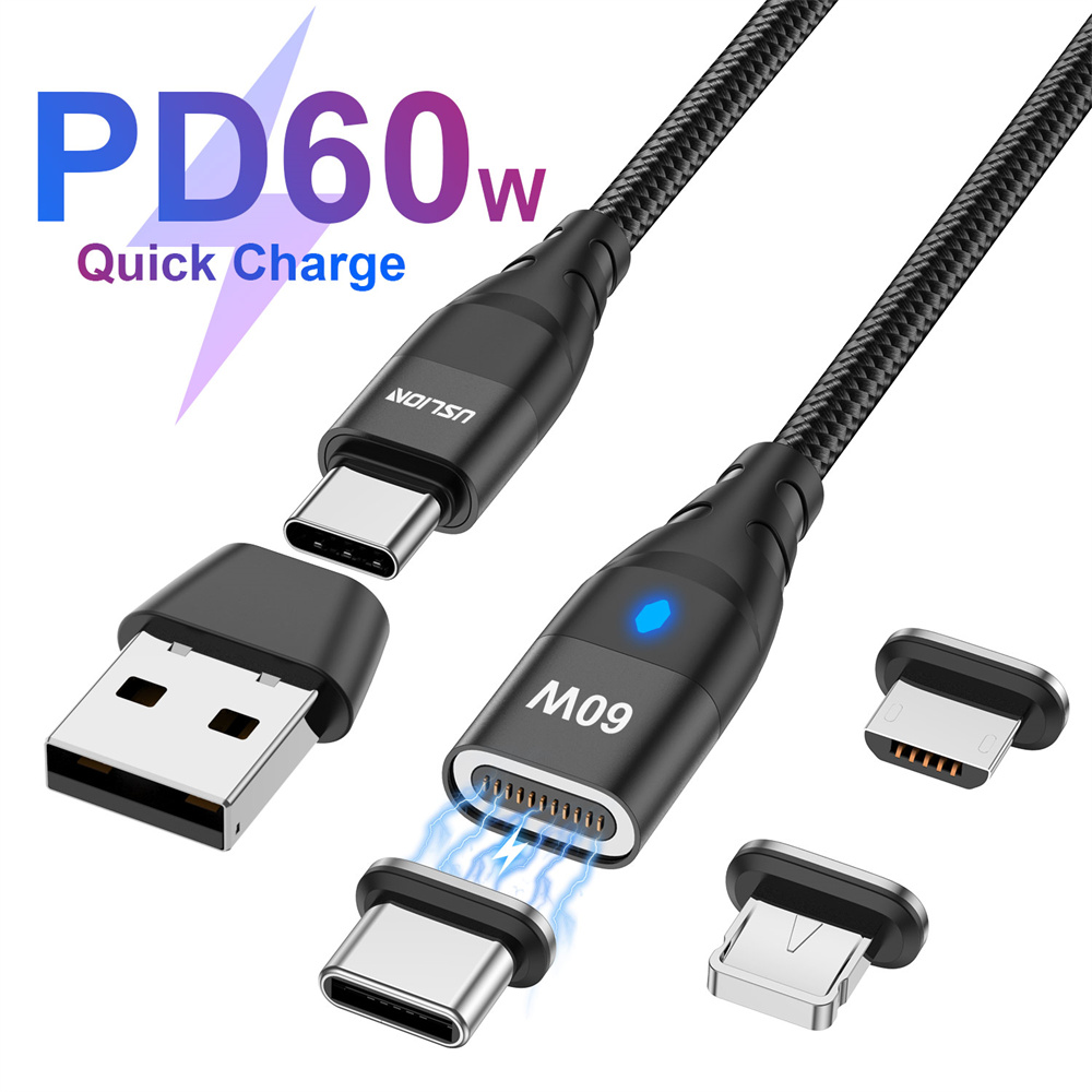 USLION PD 60W Magnetic Cable With USB adapter QC3.0 Fast Charger Cable For iPhone Redmi Note 10 8 Macbook