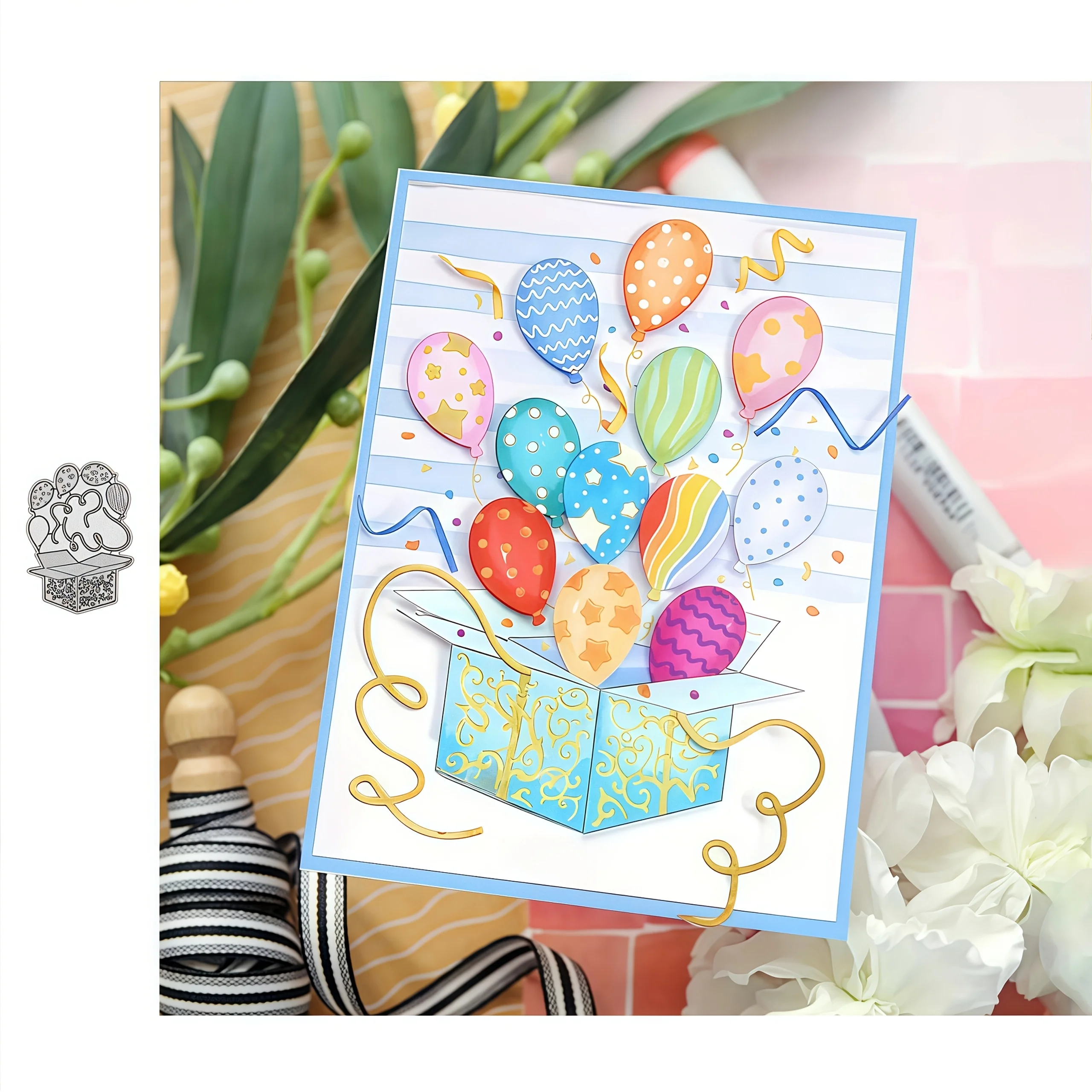 1pcs 2025 New Style Birthday Balloon Gift Box Cutting Die, Suitable for Paper Card Making, DIY , Album Craft Decoration