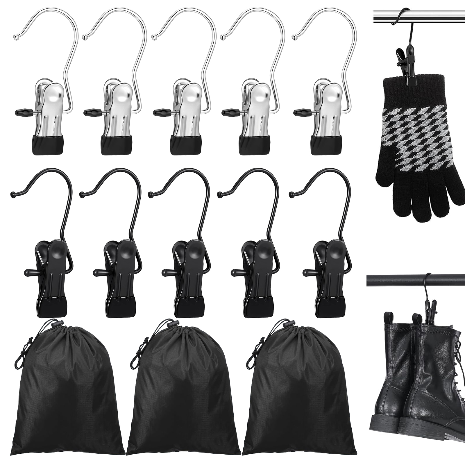 10 PCS black/silvery Boot Hangers for Closet, Laundry Hooks with Clips, Boot Hanging Hold Clip, Portable Travel Hangers Clip