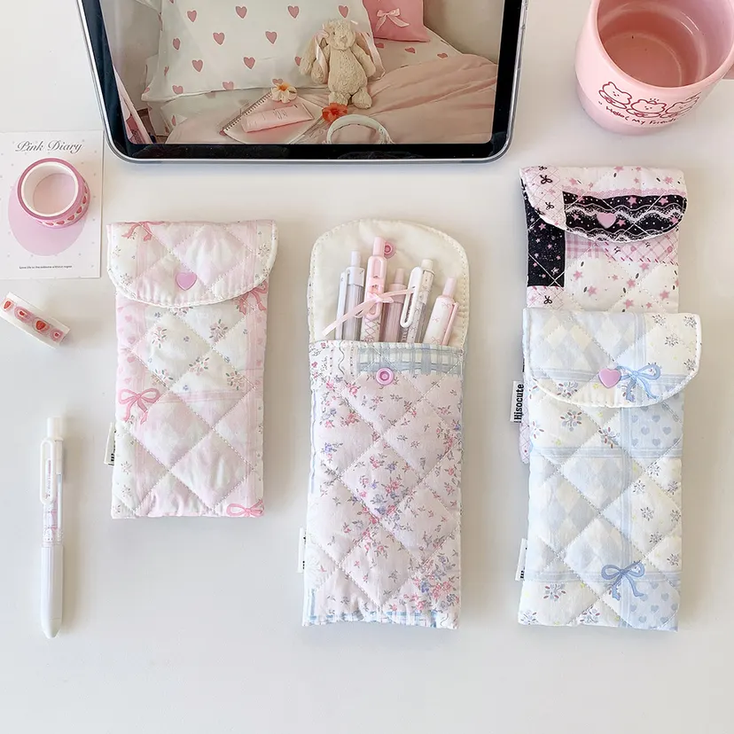 1pc Fashion Floral Bow Snap Pen Bag Student Stationery Girl Portable Glasses Storage Bag Large Capacity Travel Makeup Bag