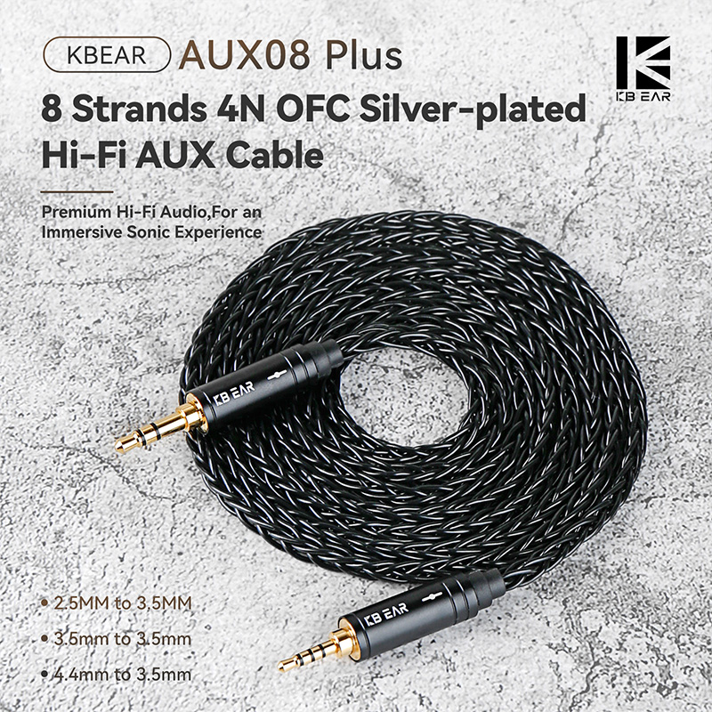 KBEAR AUX08 Plus 8 Core OFC Silver-plated Hi-Fi AUX Cable 1.4m/2m 3.5MM/2.5MM/4.4MM Earphones Headphones Headset AUX Cable