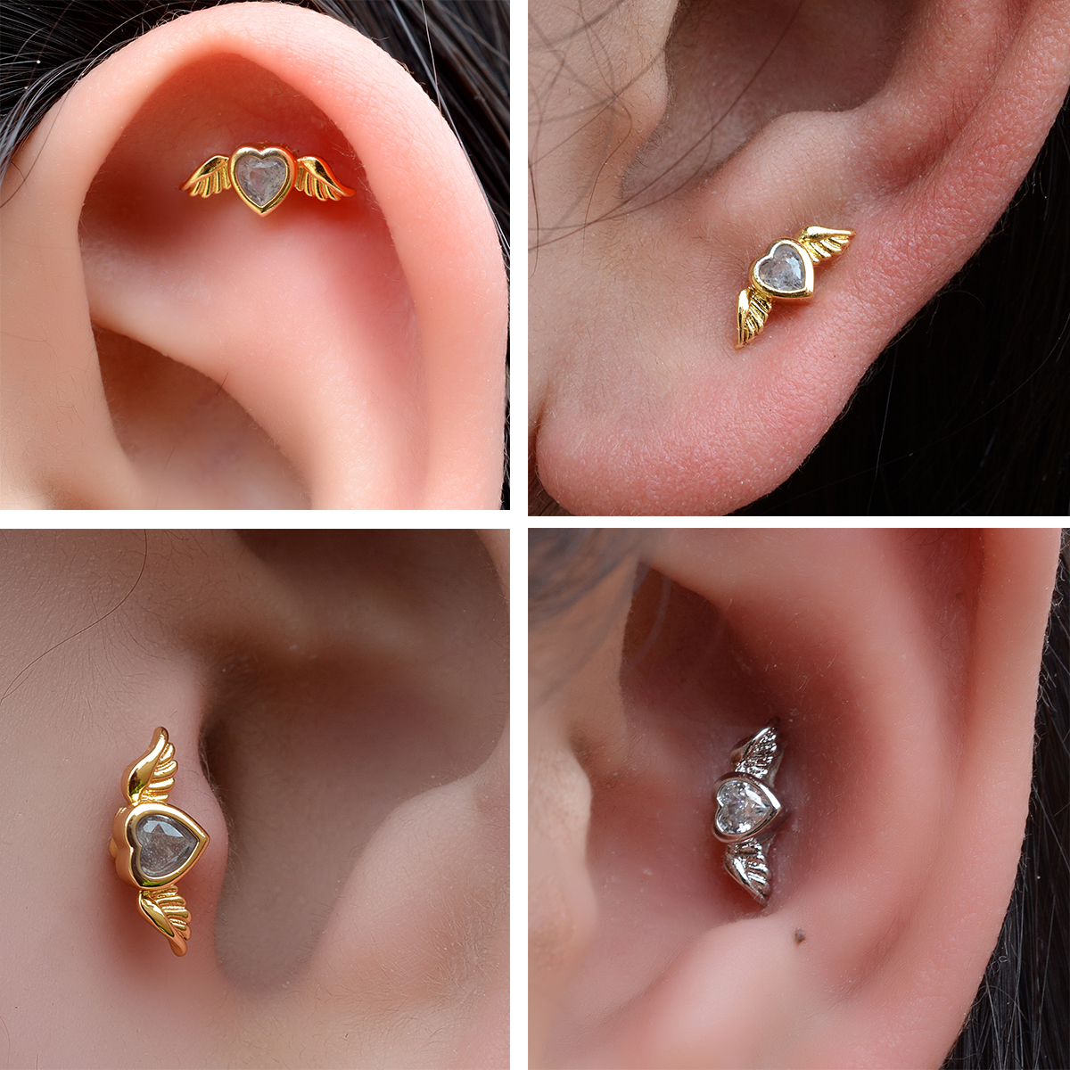 1PC Flat Back Earrings for Women Stainless Steel Earrings Heart Cubic Zirconia Angel Wing Stud Cartilage Tragus Helix Piercings
