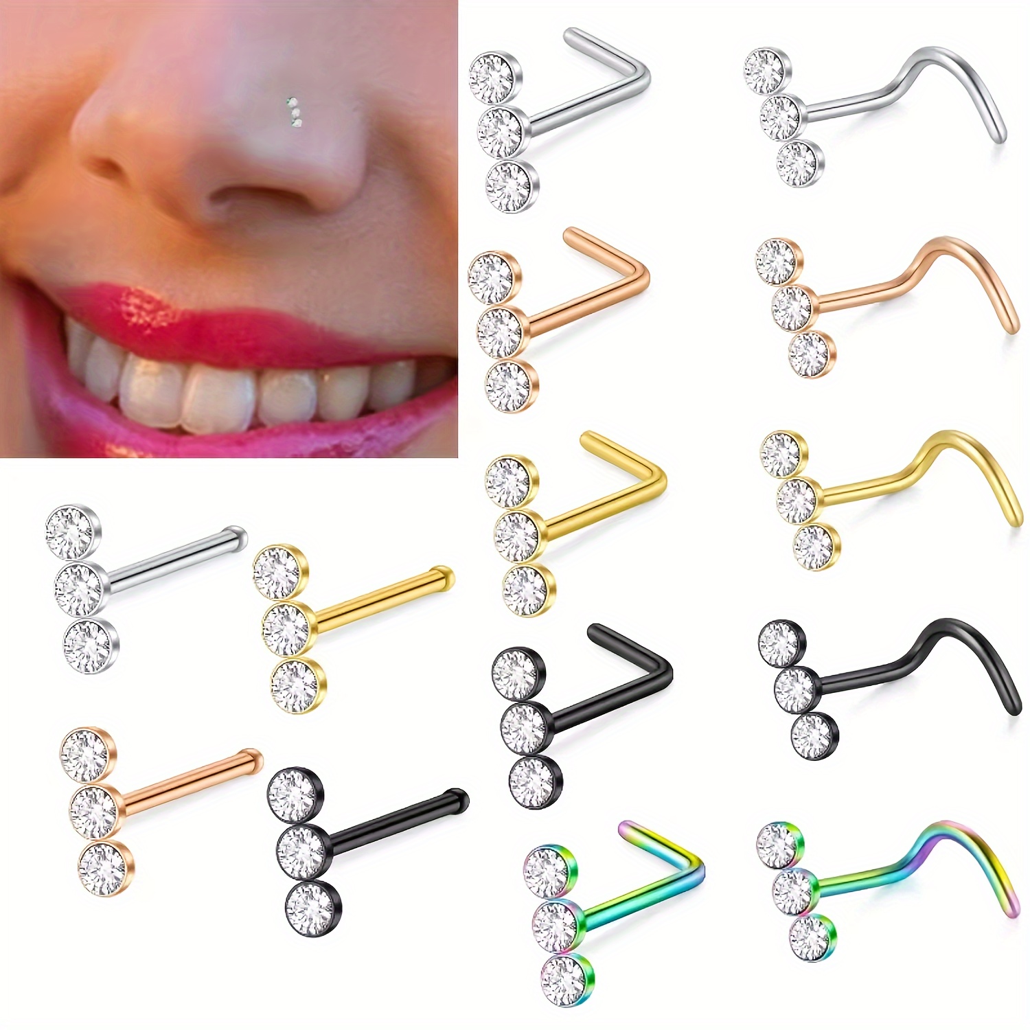 1pcs Colorful Stainless Steel Rod L-Shaped Three Rhinestones Nose Nail Piercing Jewelry Decoration For Woman and Man