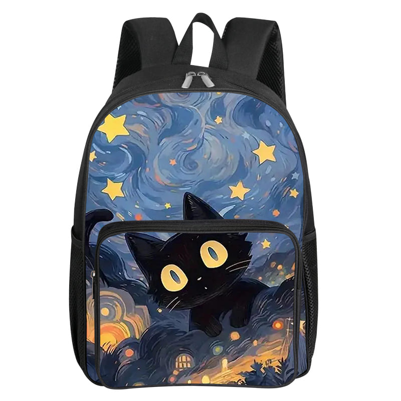 Cute Cat Pattern Square Front Pocket Backpack Zipper Large Capacity for Boys Girls Best 2D Cartoon Children's School Bag