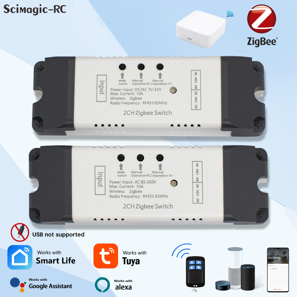 2 Channel Zigbee Tuya Smart Switch Relay Module DC12V 24V 220V Automatic Controller Dry Contact Receiver for Light Motor Garage
