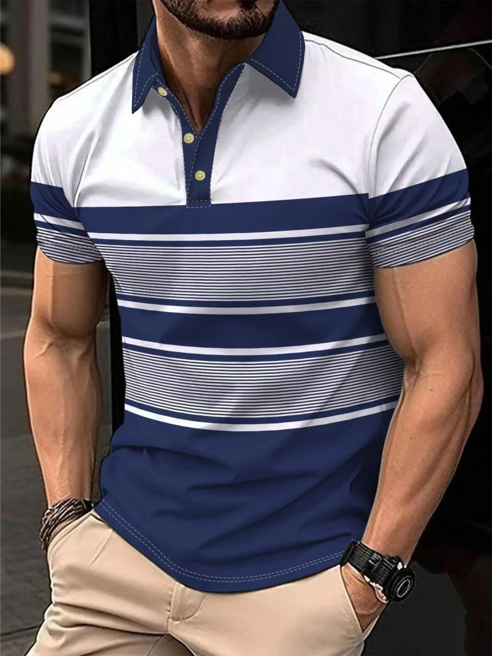European and American men's new summer fashion striped print comfortable breathable polo shirt outdoor casual top
