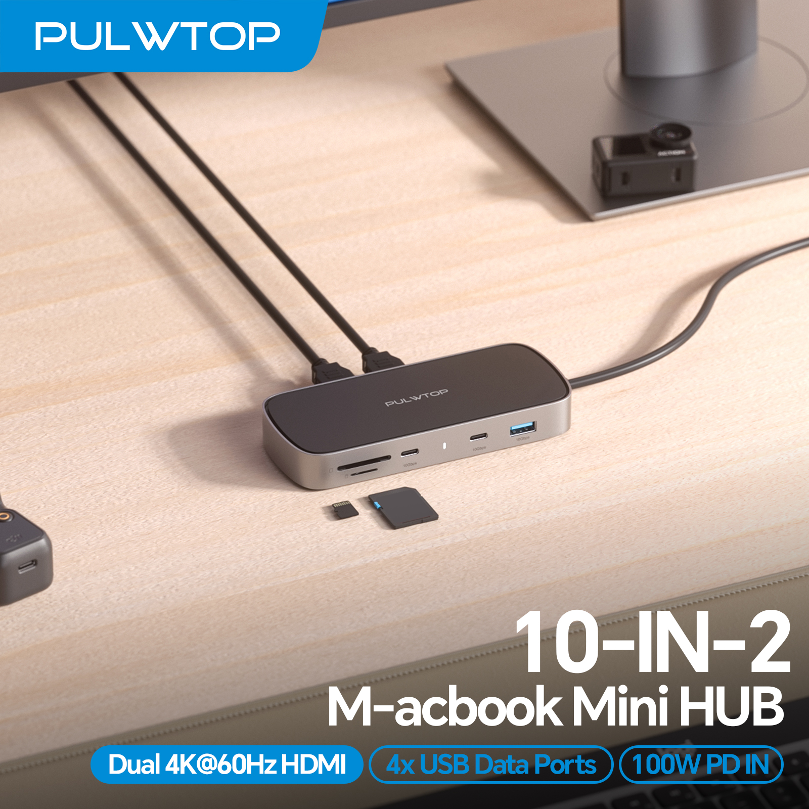 PULWTOP MacBook Pro Docking Station Dual Monitor 4K@60Hz with 2HDMI,PD,Ethernet,USB A/C 10Gbps,SD/TF, USB 2.0
