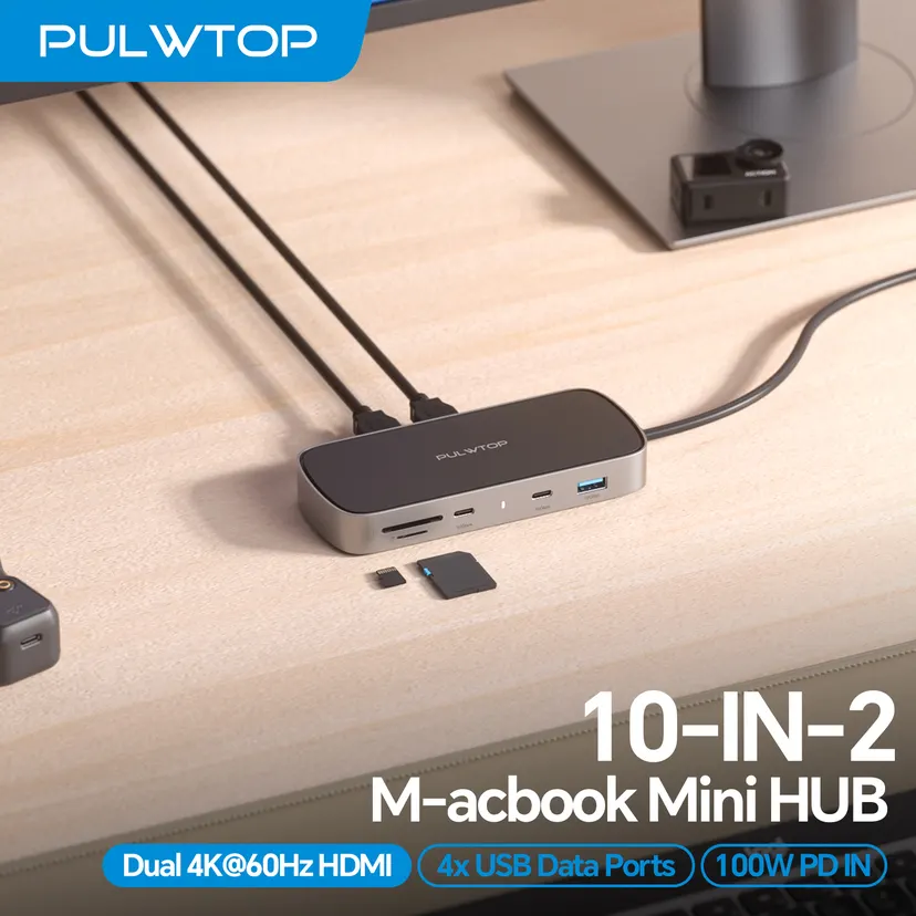 PULWTOP MacBook Pro Docking Station Dual Monitor 4K@60HZ with 2HDMI,PD,Ethernet,USB A/C 10GBPS,SD/TF, USB 2.0