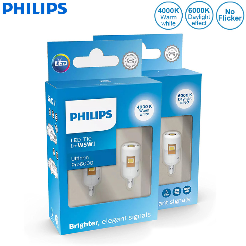 LED T10 W5W Ultinon Pro6000 4000K 6000K White Bright Car Interior Lamps Turn Signal No Flash Flickering Error Free, Pair