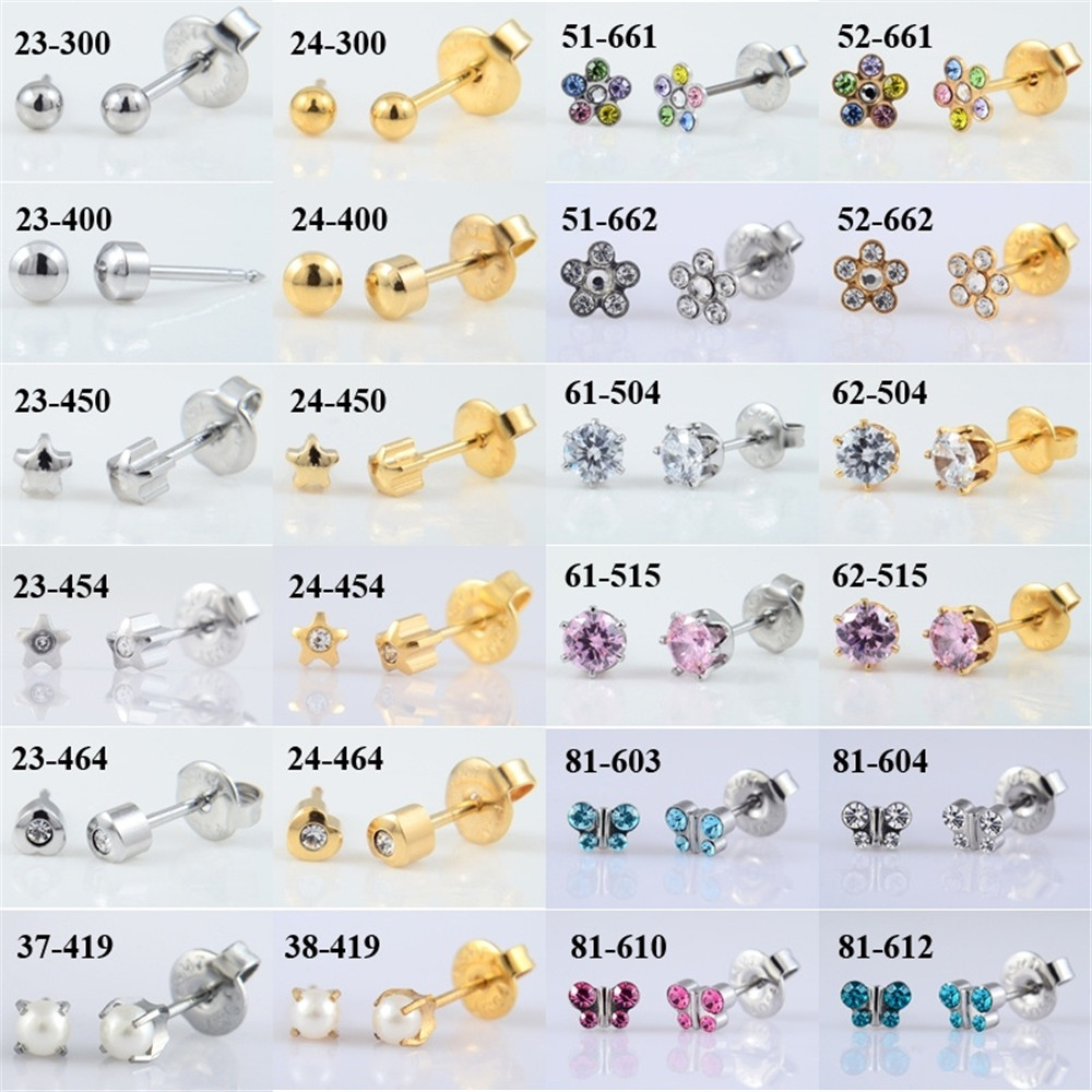1 Pair 316L Surgical Steel Ear Studs CZ Ball Heart Star Flower Crown Butterfly Sterilized Packaged Earrings Baby Jewelry