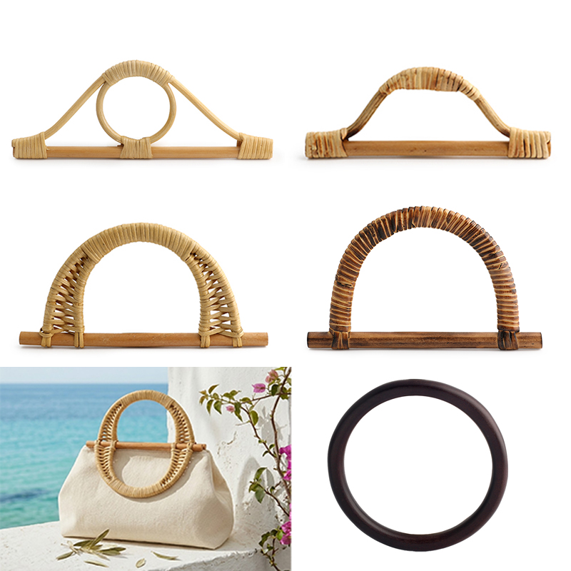 2/4/10pcs Crochet Bag Rattan Handle Natural Bamboo Woven Bag Handle Wooden Rattan Frame for Handmade Beach Knitted Bags