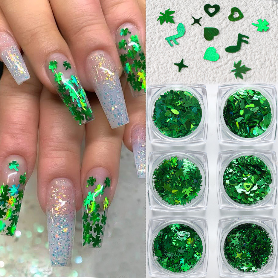 6pcs Green Nail Glitter Sequin Clover Love Heart Four Pointed Star Maple Leaves Music Note Design DIY Nail Charms Supplies