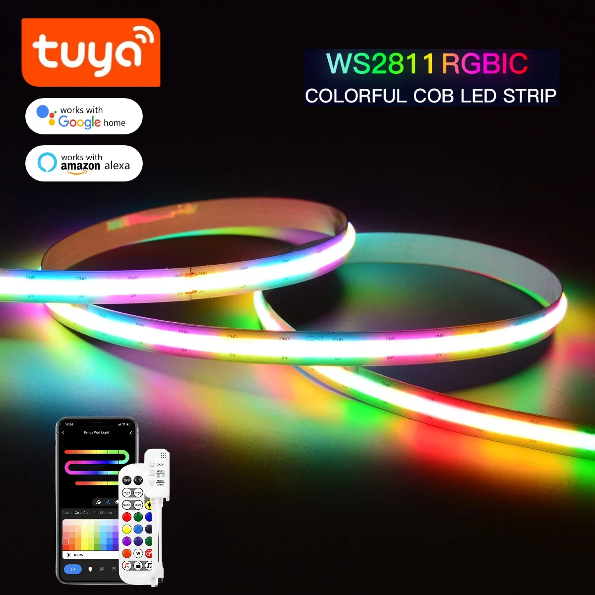 Smart TUYA WS2811 RGB IC Dreamcolor COB LED Strip Light Segment LED Control Music Mode Voice Control Support Alexa Home lightify