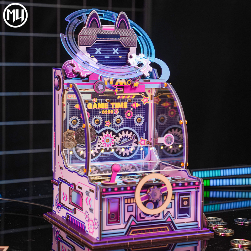 MY Pushing coin machine, movable wooden assembly toy, 3D three-dimensional puzzle, handcrafted ornament, savings jar