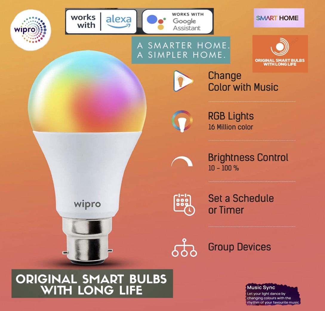 Wipro Ns9400 9-Watt B22 Wifi Smart Led Bulb With Music Sync Amazon Alexa And Google Assistant Supported