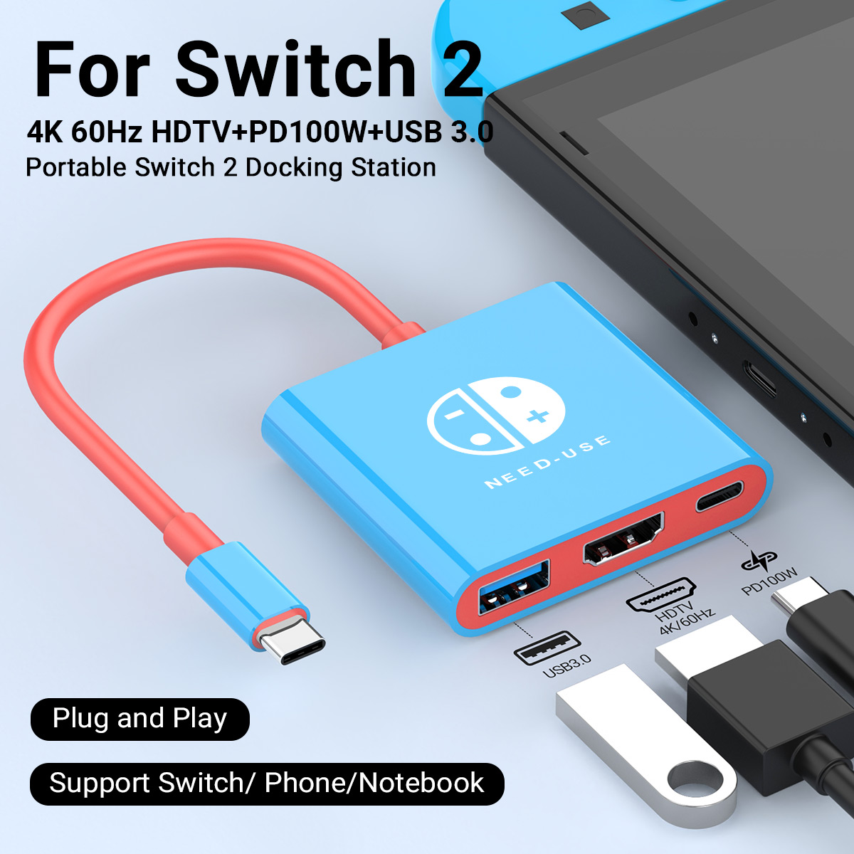 4K 60Hz Docking Station for Switch 2, Type-C Hub with HDMI and USB-C 3.0, Portable Gaming Dock for Travel and TV Output, Gaming