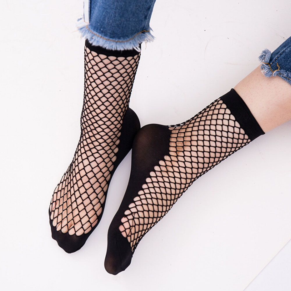 5 Pairs White Hollow Fish Net Socks Lady Girl Short Ankle High Mesh Lace Soild Women's Fashion Nylon Material Wholesale