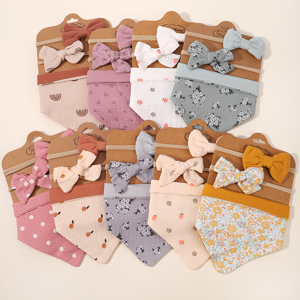3Pcs/Set Muslin Cotton Print Bib Newborn Bows Headband Triangle Saliva Towel Infant Boy Girl Feeding Burp Baby Hair Accessories