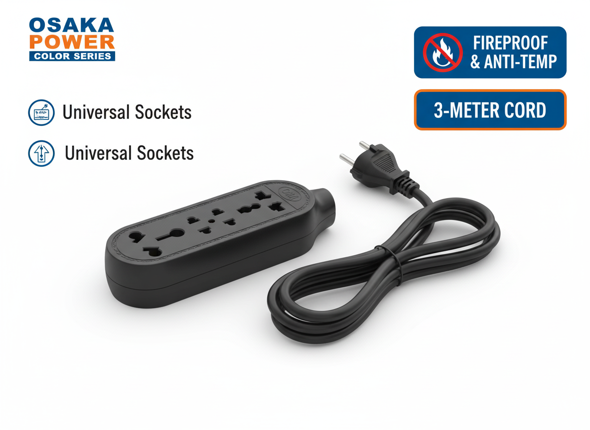 OSAKA POWER Multi-Socket Extension Board with 3m Cord - Fireproof, Anti-High Temperature, Universal Sockets, Light Weight
