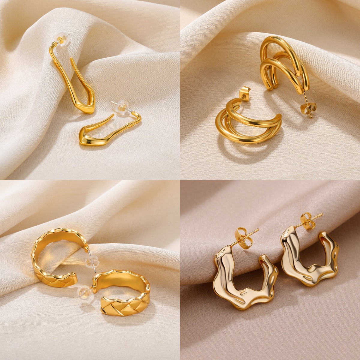 Classic C-shaped Stainless Steel Multi-Layer Stud Earrings Gold Color Textured Pierced Earrings Vacation Jewelry