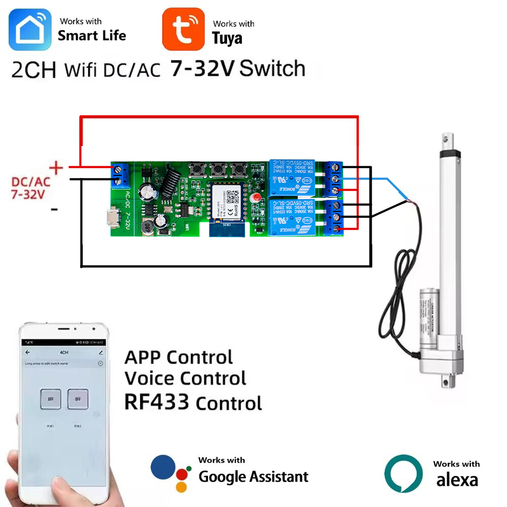 2 Channel Smart Actuator Motor Controller,Tuya WiFi DC 12V 24V Relay RF 433 Radio Control